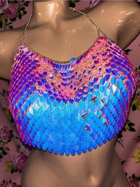 Last one AMAZING hologram dragon scales mermaid crop top festival halter gypsy